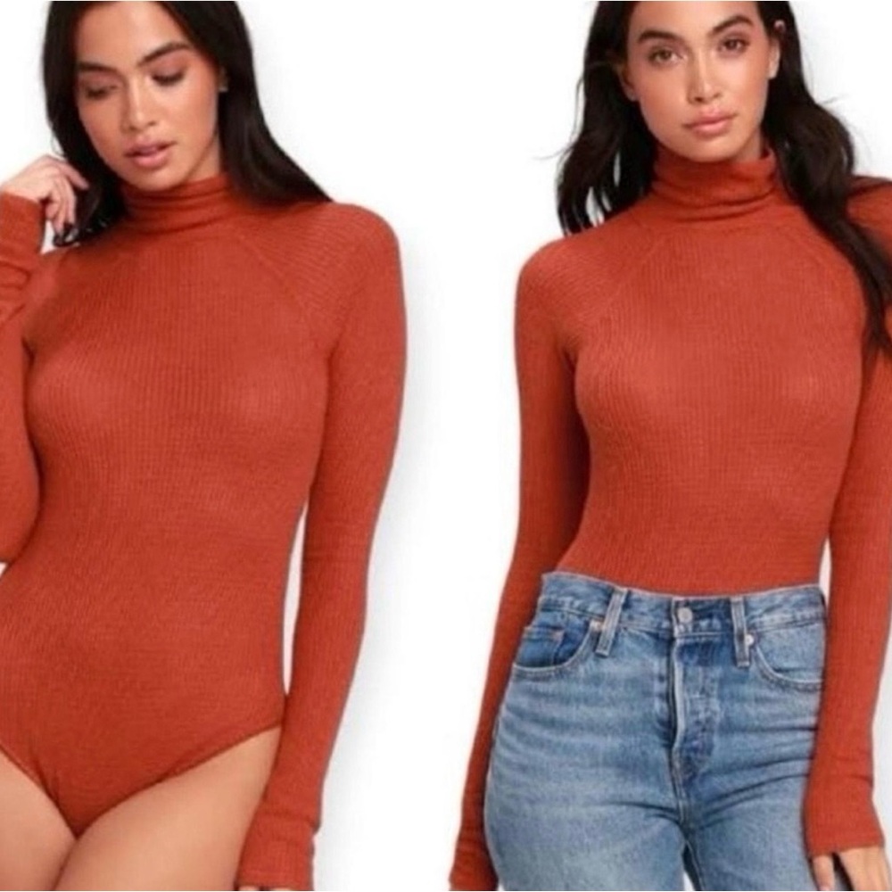 Free People Rust Ribbed Turtleneck Bodysuit
